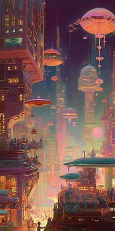 a futuristic city filled with lots of tall buildings and flying saucers in the sky