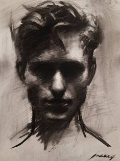 a black and white drawing of a man's face with his hair pulled back