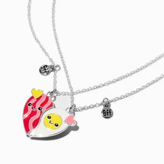 Claire's Best Friends Bacon & Egg Split Heart Pendant Necklaces - 2 Pack Fun Silver Jewelry For Friendship, White Charm Necklace For Best Friend's Valentine's Gift, Cute Heart Pendant Charm Necklace For Best Friend, Cute Silver Charm Necklaces For Friendship, Cute Heart-shaped Jewelry For Friendship, Cute Heart-shaped Friendship Jewelry, Cute Heart Pendant Jewelry For Friendship, Fun Nickel-free Jewelry For Friendship, Valentine's Day Friendship Charm Necklace