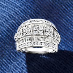 Ross-Simons - 2.00ct t. w. Baguette, Round Diamond Multi-Row Ring in Silver. Size 6. Stacked up in multiple rows, these diamonds make a lasting impression. This gorgeous ring features 1.40 ct. t. w. round brilliant-cut and .60 ct. t. w. baguette diamonds in both channel and prong settings. The center two rows are raised, creating an elevated presentation of sparkle. Set in sterling silver. 5/8" wide. Diamond ring. Diamond birthstones are the perfect gift for April birthdays. April Birthday, Diamond Birthstone, Baguette Diamond, Prong Setting, Round Diamonds, The Row, Diamond Ring, Sparkle, Perfect Gift