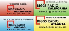 the biggs radio logo is shown in four different colors and font options for their logos