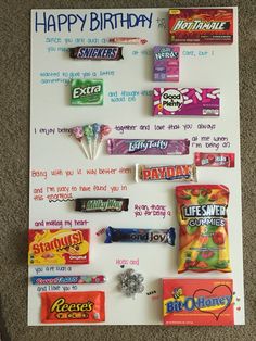 a birthday card with candy and candies on it