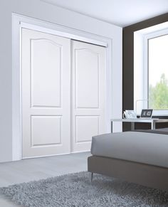 Bright White Steel Frame Bypass Closet Door - Renin Savona 2 Panel Arched Design Bypass Closet Door, Closet Door Track, Bypass Closet Doors, Closet Sliding Door, Wood Sliding Closet Doors, Office Doors, Closet Door Handles, Arched Design, Closet Door Hardware