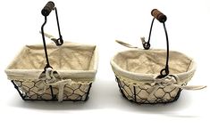 two small baskets with handles are shown on a white background, one is empty and the other has an attached handle