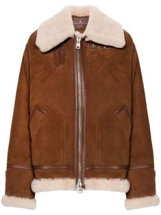 cognac brown suede leather trim shearling collar shearling trim drop shoulder long sleeves belted cuffs two side welt pockets shearling lining front two-way zip fastening Brown Shearling Jacket, Collage Elements, Digital Closet, Brown Fur, Fashion Collage, City Dress, Airport Fashion, Ermanno Scervino, Fashion Inspiration Design