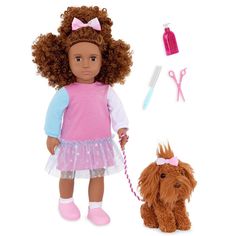 a doll and her dog are shown with hair accessories in the foreground on a white background