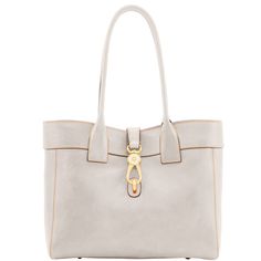 Crafted with Florentine Italian leather and finished with our signature lock, this structured logo tote marries timeless, European quality with classic American style. Top handles and gold hardware exude ladylike polish. Elegant Taupe Bags With Handle Drop, Taupe Bags With Gold-tone Hardware, Feminine Satchel With Gold-tone Hardware For Everyday Use, Elegant Cream Shoulder Bag With Leather Handles, Elegant Taupe Satchel With Removable Pouch, Elegant Cream Satchel With Leather Handles, Elegant Taupe Shopping Bag, Feminine Cream Leather Bag, Elegant Taupe Tote Shoulder Bag