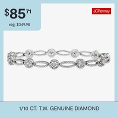 A modern twist on an old favorite, this diamond link bracelet, in rhodium-plated sterling silver with alternating oval and round shapes, is an elegant piece you can wear day and night. Metal: Rhodium-plated sterling silverStones: 1/10 ct. t.w. diamondsClosure: Push lockLength: 7½" or 8"Diamond color: I-jDiamond Clarity: I3Care: Wipe with clean clothCountry of Origin: ImportedDiamond total weights may vary between .01 and .08 carat.Jewelry photos are enlarged to show detail. Disclaimer: Metal ma… White Gold Oval Link Bracelet For Anniversary, Diamond Oval Link Bracelets For Anniversary, Silver Oval Link Diamond Bracelet For Anniversary, Silver Diamond Bracelet For Anniversary, Timeless Oval Diamond Bracelet For Anniversary, Oval Diamond Bracelet For Anniversaries, Oval Diamond White Diamond Bracelet For Anniversary, Classic Oval Link Diamond Bracelet For Anniversary, Oval Tennis Bracelet With Diamond Accents For Anniversary