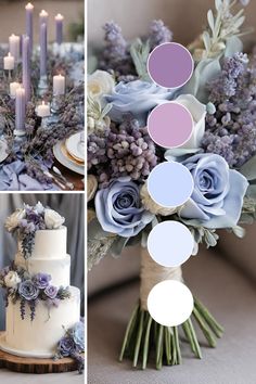 a collage of photos with flowers, candles and cake on it's side