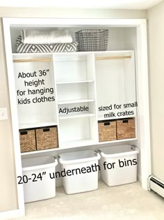 an organized closet with baskets and bins on the bottom shelf, labeled under neath for bins