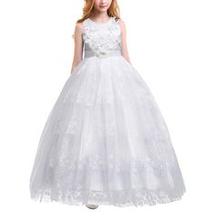 Elegant And Sweet Kids Girls Sleeveless Appliques Formal Party Fall Ball Gown Long Maxi Ruched Lace Summer Tutu Dress Flower Girl Dresses Exquisite Unique Chic Design:Sleeveless Round Neck Satin Bodice, Mesh Spliced Design, Illusion Neckline, Front Embellished With 3d Flowers, Faux Rhinestones And Beads Decoration,Full-Length Multilayer Skirt, Second Tulle Layer Are Adorned With Floral Pattern, Makes This Dress,Zip-Back Fastening, The Satin Sashes Can Be Tied A Lovely Bowknot At Back. Princess Style Sleeveless First Communion Dress, White Sleeveless Princess Dress For Confirmation, Sleeveless Tulle Dress For Confirmation, Sleeveless Tulle First Communion Dress, Sleeveless Tulle Princess Dress For Confirmation, Princess Style Sleeveless First Communion Dress With Lace Bodice, Elegant White Sleeveless Tulle Dress, Sleeveless Princess Dress With Lace Bodice, Fitted Princess Sleeveless First Communion Dress