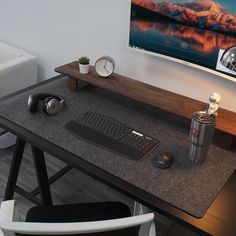 a computer desk with a keyboard and mouse on it