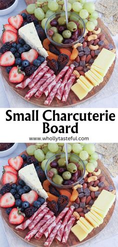 small round charcuterie board with cheese, fruit, salami, nuts, chocolate and olives. Small Chauctier Board Ideas, Egg Salad Pasta, Small Cheese Boards, Salad Macaroni, Gluten Free Party Food, Gluten Free Party