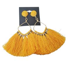 Post Stud Drop Tassel Fan Earrings Mustard Yellow Gold Color Metal New Fashion Jewelry From My Boutique Chelsea's Collection Yellow Fringe Dangle Jewelry, Summer Gold Tassel Earrings, Gold Fringe Earrings For Summer, Yellow Fringe Tassel Earrings, Yellow Fringe Earrings For Summer, Elegant Yellow Dangle Tassel Earrings, Yellow Fringe Jewelry Gift, Gold Tassel Drop Earrings For Summer, Yellow Fringe Jewelry For Gift