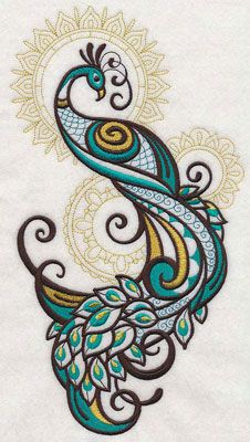 an embroidered design on white fabric with blue, yellow and green feathers in the center