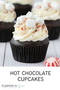 chocolate cupcakes with white frosting and peppermint candy on top are shown