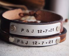 His hers anniversary Gifts, Couples Bracelets, leather Couple bracelets, date bracelet, one year anniversary gifts, handmade jewelry Adjustable band, fit to any wrists. antique & unique leather color by handmade Hand stamped letters into the metal part. Custom hand stamped Bracelet, Personalized any information on the bracelet, the best gift for boyfriend or girlfriend, best friends, mom, dad etc. unisex style. Details: Size diameter: 5.8cm(when it at round shape) End: adjustable to any wrists C Personalized Leather Bracelets For Anniversary, Personalized Silver Leather Bracelet For Anniversary, Silver Leather Jewelry For Anniversary, Adjustable Brown Jewelry For Anniversary, Adjustable Engraved Leather Bracelet For Anniversary, Hand Stamped Brown Leather Bracelet Gift, Personalized Adjustable Leather Bracelet For Anniversary, The Best Gift For Boyfriend, Couple Bracelets Leather