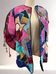 Vintage La Coleccion Judith Roberts Art Kimono Jacket Sweater Coat - Size Small | eBay Designer Silk Outerwear For Winter, Bohemian Silk Outerwear For Winter, Fitted Silk Bohemian Outerwear, Designer Fitted Multicolor Outerwear, Bohemian Silk Winter Outerwear, Designer Silk Long Sleeve Outerwear, Vintage Multicolor Outerwear With Kimono Sleeves, Bohemian Multicolor Knit Outerwear, Retro Multicolor Knit Outerwear