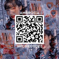 two young women standing next to each other in front of a wall with qr code on it