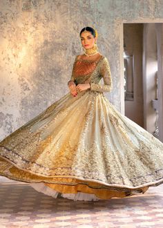 Eid Wedding Gown With Cutdana, Long Open Gown Dress Pakistani, Pakistani Golden Bridal Dress, Pakistani Bridal Gown, Gown Pakistani, Front Open Bridal Maxi Pakistani, Front Open Gown, Tissue Design, Nikah Dress Pakistani Nameera By Farooq