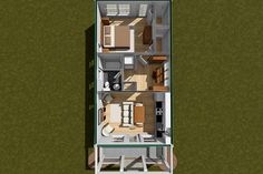 an overhead view of a two story house showing the living room and kitchen area, with one bedroom on the second floor