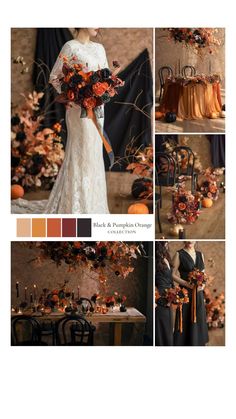 a collage of photos with flowers, candles and pumpkins on them in various colors