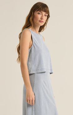 The update to our popular Sloane body, this knit tank has the denim look you love but with a lightweight, soft feel and hint of stretch. This style will elevate your casual look instantly! Z SUPPLY Women's Sloane Jersey Denim Muscle Tank Top, Washed Indigo, Large Everyday Skirt, Everyday Skirts, Chic Skirt, Denim Tank, Chic Skirts, Knit Denim, Muscle Shirts, Loungewear Sets, Tank Top Long Sleeve