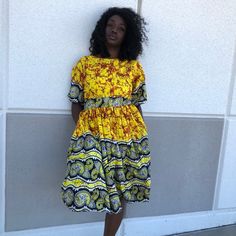 African Women Dress Ankara Handmade Knee Length Butterfly Sleeve Dress With Side Pockets And Black Belt Multi Color Vibrant Print. Yellow Background Made With Polycotton Fabric Model Is Wearing Size 12 Please Check Your Measurements Before You Order. The Measurements Chart Is In One Of The Pictures Lenght Is 40 To 44 Contact Me For Your Size Or Any Questions About The Item. Butterfly Sleeve Dress, African Ankara, Polycotton Fabric, Butterfly Sleeves, African Dresses For Women, Handmade Dresses, Yellow Black, African Women, Black N Yellow