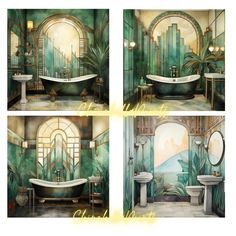 four pictures of a bathroom with green walls and flooring, including a bathtub