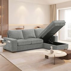 a living room scene with focus on the couch and open storage compartment in the middle