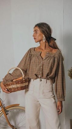 Looks Hippie, Mushroom Brown, Festival Outfits Women, Vintage Mushroom, Brown Long Sleeve, Plaid Blouse, Boho Blouses, Mode Vintage