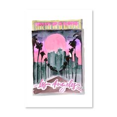 a poster with the words los angeles written in pink and purple, on a white background