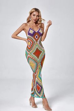 Want to stand out at a beach party? The Natalie Multicolored Sling Knit Maxi Dress is hand-woven in a variety of layers. Dazzle the eyes with bright, bold colors. The suspender design is lazier and sexier. All it takes is a pair of beach sandals to complete the look!  Dress Length: Approx 120cm Materials: 100% Cotton Gentle Dry Clean Only  Model is 5 ft 7 and wears size S  Colour may vary due to lighting on images. The product images (without model) are closest to the true colour of the product. Glitter Wedding Dress, Knit Maxi Dress, Bandage Midi Dress, Floral Shirt Dress, Crochet Motifs, Puff Sleeve Dresses, Maxi Knit Dress, Beach Sandals, Corset Dress