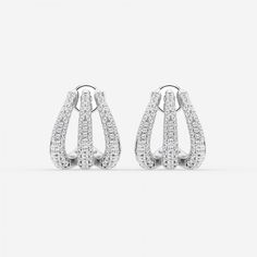 1 1/4 ctw Round Lab Grown Diamond Triple Huggie Hoop Earrings 14K White Gold FG, VS2+ White Pave Setting Hoop Earrings, White Hoop Earrings With Pave Setting, White Channel Set Hoop Earrings, White Hoop Earrings With Channel Set, White Hoop Earrings Channel Set, Luxury White Hoop Earrings For Evening, Earrings Platinum, Easy Style, Huggie Hoop Earrings