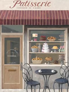 a painting of two tables and chairs in front of a pastry shop