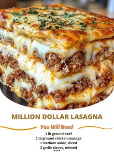 a stack of lasagna stacked on top of each other with the words million dollar lasagna