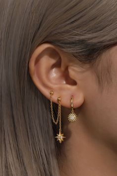 Type: Earring Set Materials: 925 sterling sliver Post Length: 10mm Chain Length: 61mm Weight: 1.35g Stone: Zircon Color: Gold/Silver This item is sold as 1 piece/ 1 pair Silver Star-shaped Gold Plated Earrings, Sunflower Earring, Star Earring, Cute Ear Piercings, Sunflower Earrings, Lobe Piercing, Link Earrings, Ear Jewelry, Star Earrings