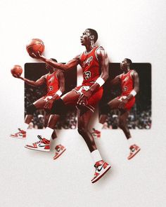 an image of a basketball player in the air with his foot up and holding a ball