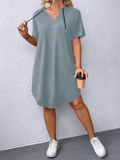 Dusty Blue Casual Collar Short Sleeve Fabric Plain Tee Embellished Medium Stretch  Women Plus Clothing Hooded Dress, Plain Tees, Dress Dusty, Daily Dress, Color Shorts, Dusty Blue, Fashion Online Shop, Plus Clothing, Online Fashion