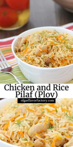 chicken and rice pilaf plov in a white bowl on top of a table