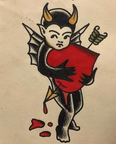 a drawing of a demon holding a heart