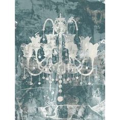 an abstract painting with chandelier hanging from it's center, in shades of blue and green