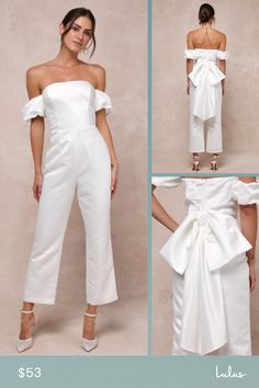 Any bride-to-be is guaranteed to start a trend with a voguish look like the Lulus Chic Vow White Satin Off-the-Shoulder Bow Jumpsuit! Sturdy woven satin shapes this stunning jumpsuit that starts with a princess-seamed bodice with supportive side boning, a sleek off-the-shoulder neckline (with hidden no-slip strips), and short puff sleeves with elastic at the shoulders and cuffs. The high, fitted waist tops slim-fitting, straight pant legs that finish at ankle-length hems. A dramatic, oversized b Glamorous Strapless Jumpsuit For Summer Formal Events, Elegant Fitted Strapless Jumpsuit For Spring, Spring Wedding Fitted Jumpsuits And Rompers, White Off-shoulder Evening Jumpsuits And Rompers, Chic Strapless Jumpsuit For Wedding Guests, White Off-shoulder Jumpsuit For Party, White Off-shoulder Jumpsuits And Rompers For Evening, Elegant White Strapless Jumpsuit For Party, Chic Bridesmaid Jumpsuits And Rompers