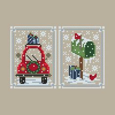 two cross stitch pictures, one with a red car and the other with a tree