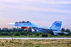 a blue fighter jet taking off from an airport runway with trees in the back ground