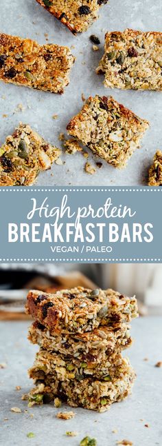 granola protein breakfast bars stacked on top of each other with the title above it