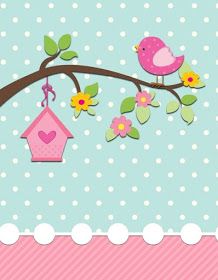 a pink bird sitting on top of a tree branch next to a birdhouse and flowers