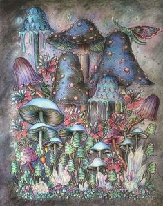 a painting of mushrooms and plants on a gray background with blue, green, pink, and purple colors