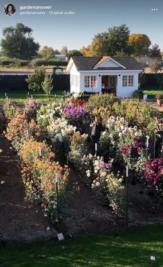 the garden is full of colorful flowers and plants in front of a small white house