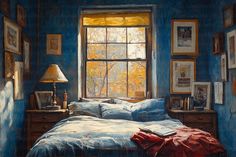 a painting of a bedroom with blue walls and pictures on the wall above the bed